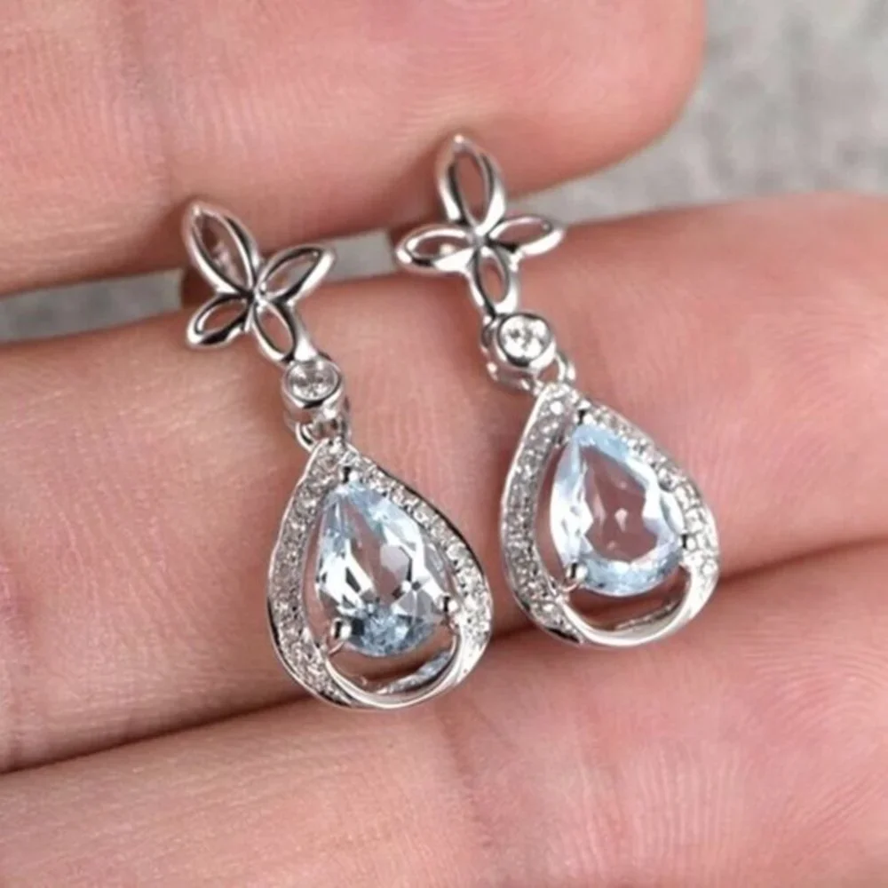 Gorgeous 925 Silver Sim. Diamond Aquamarine Drop Earrings